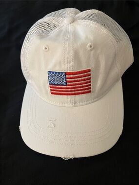 White Trucker Hat with Embroidered American Flag